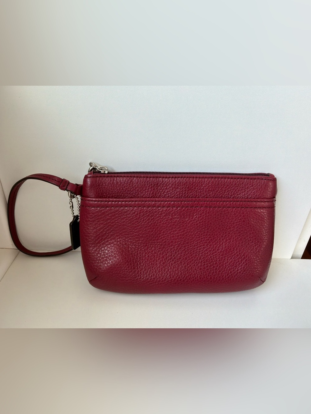 Coach Crimson Red Pebbled Leather Medium Wristlet with Box